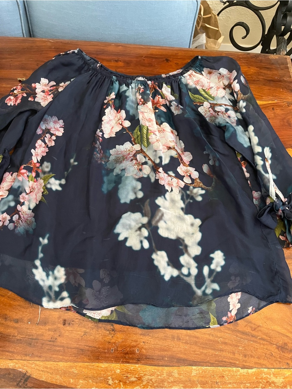 Navy Floral Off-Shoulder Blouse with Pink Blossoms